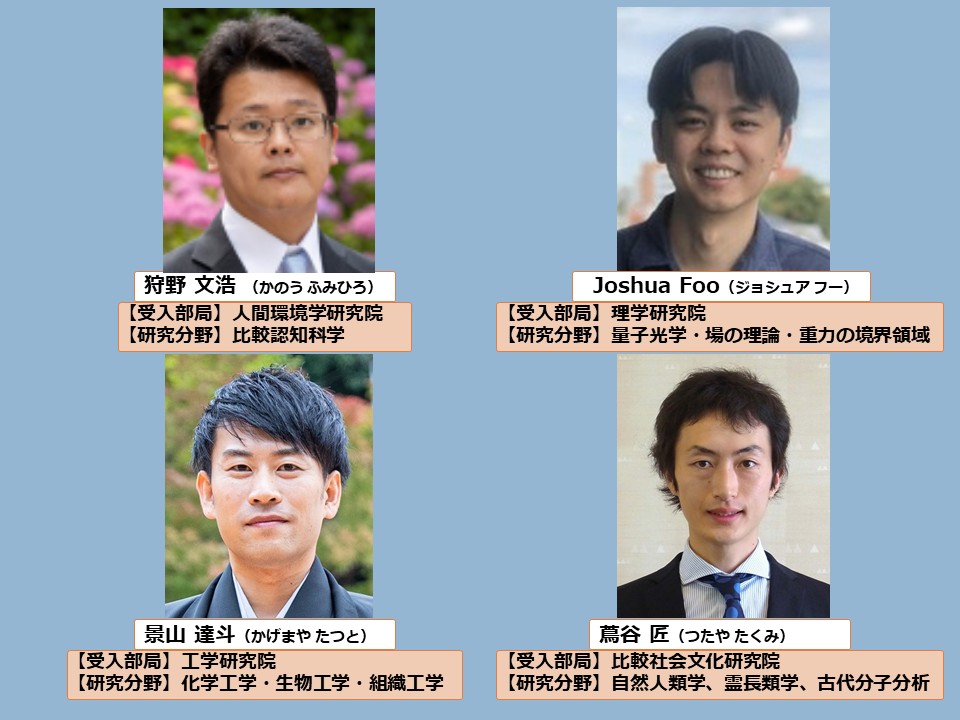 稲盛フロンティアプログラム（第3期）教員として、狩野 文浩 （かのう ふみひろ）、景山 達斗（かげまや たつと）准教授、Joshua Foo（ジョシュア フー）准教授、蔦谷 匠（つたや たくみ）准教授が着任しました。